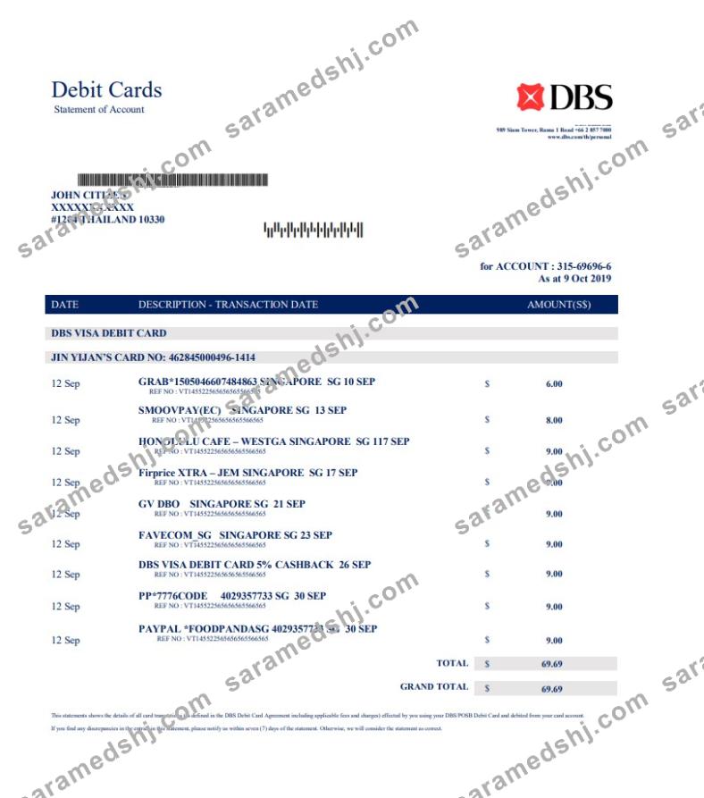 Thailand DBS bank proof of address statement template in Word and PDF format